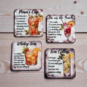 NWT Custom Absorbent Neoprene Drink Recipe Coasters Set of 4, Non-Slip Base